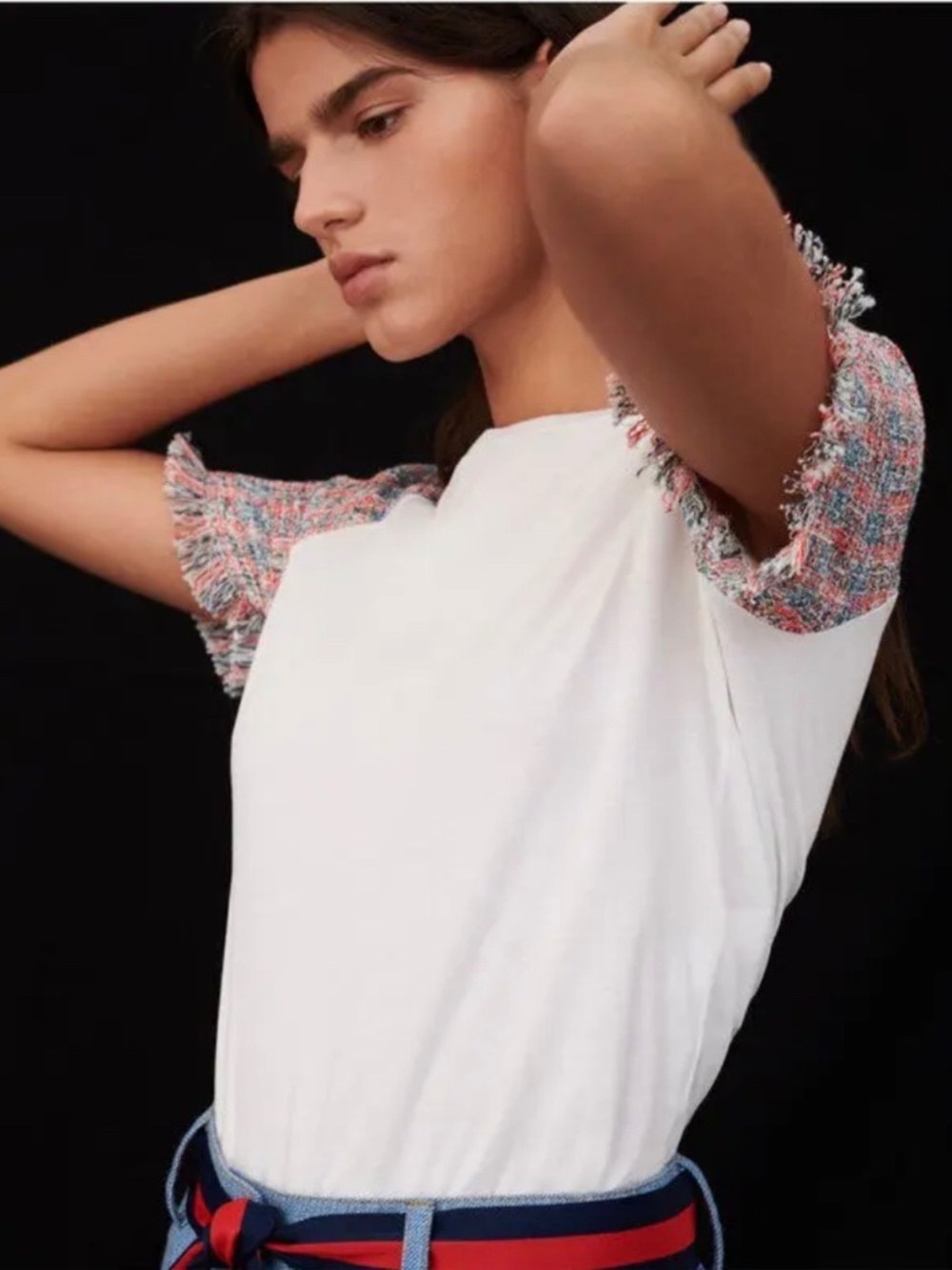 Maje Size 2 (small) Tshirt with Tweed Sleeves
